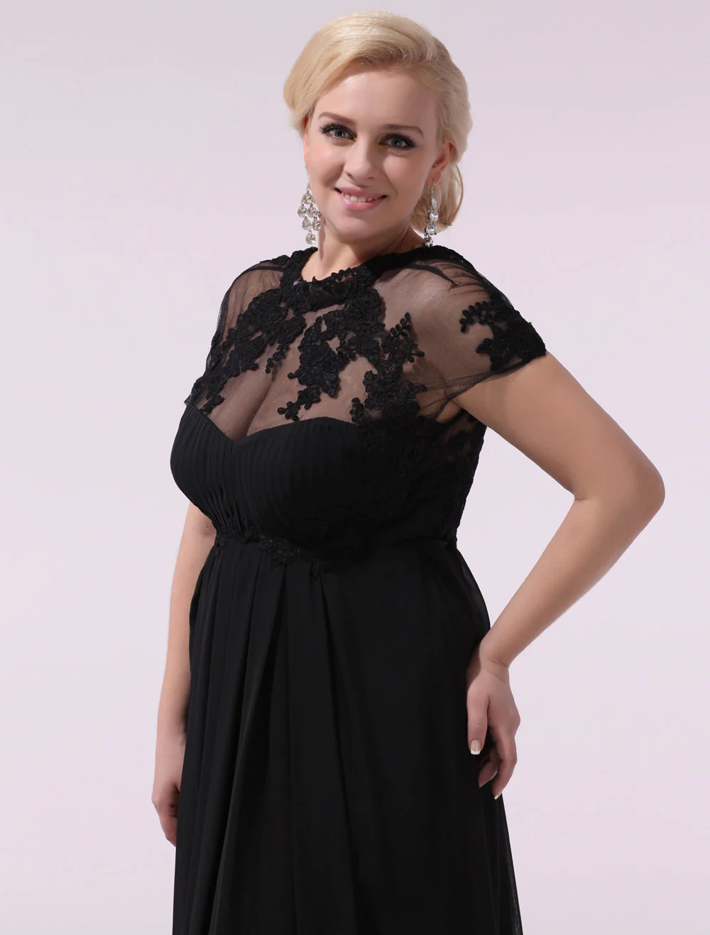 Gorgeous Black Evening Dresses Plus Size Evening Dress Chiffon Lace Applique Illusion Short Sleeves Floor Length Wedding Guest Dress - Image 10