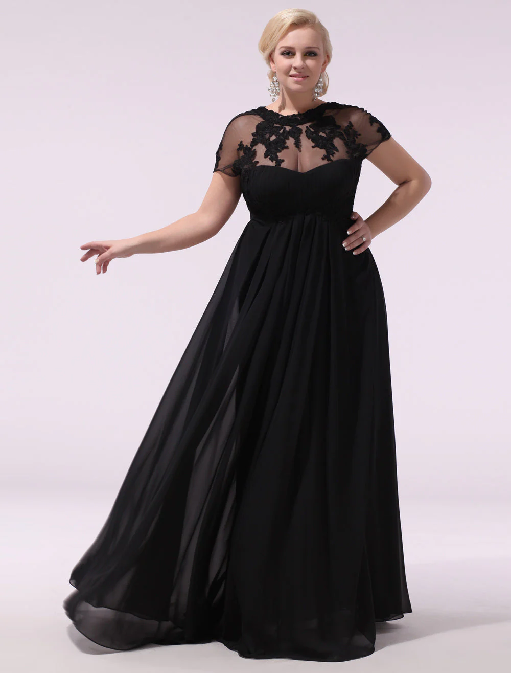 Gorgeous Black Evening Dresses Plus Size Evening Dress Chiffon Lace Applique Illusion Short Sleeves Floor Length Wedding Guest Dress - Image 2