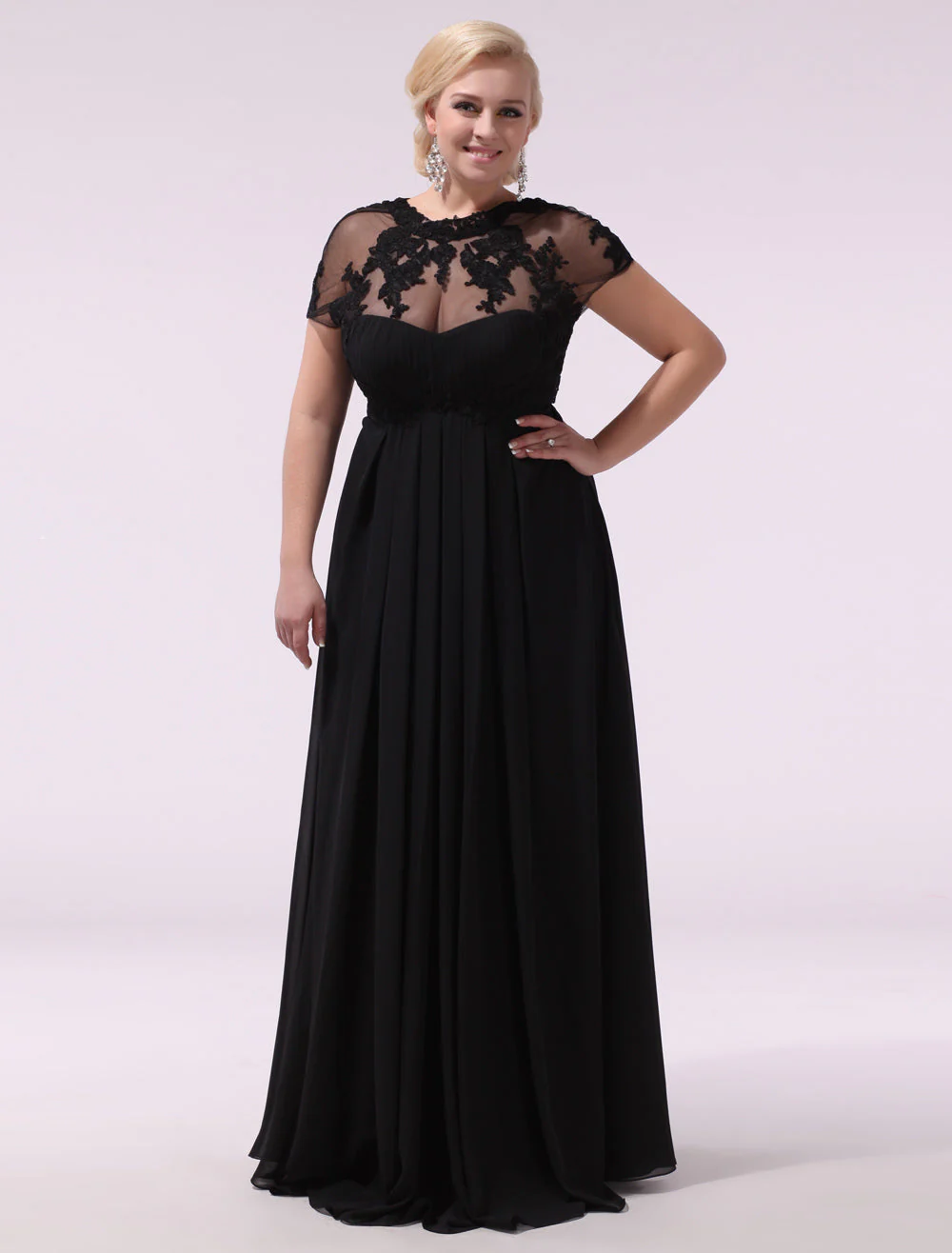 Gorgeous Black Evening Dresses Plus Size Evening Dress Chiffon Lace Applique Illusion Short Sleeves Floor Length Wedding Guest Dress - Image 3