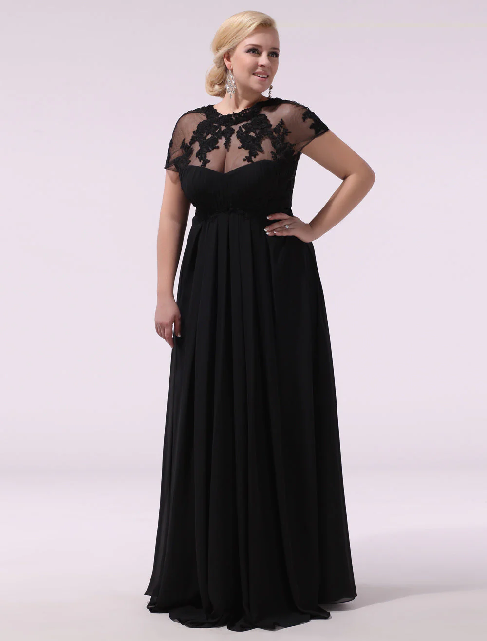 Gorgeous Black Evening Dresses Plus Size Evening Dress Chiffon Lace Applique Illusion Short Sleeves Floor Length Wedding Guest Dress - Image 4