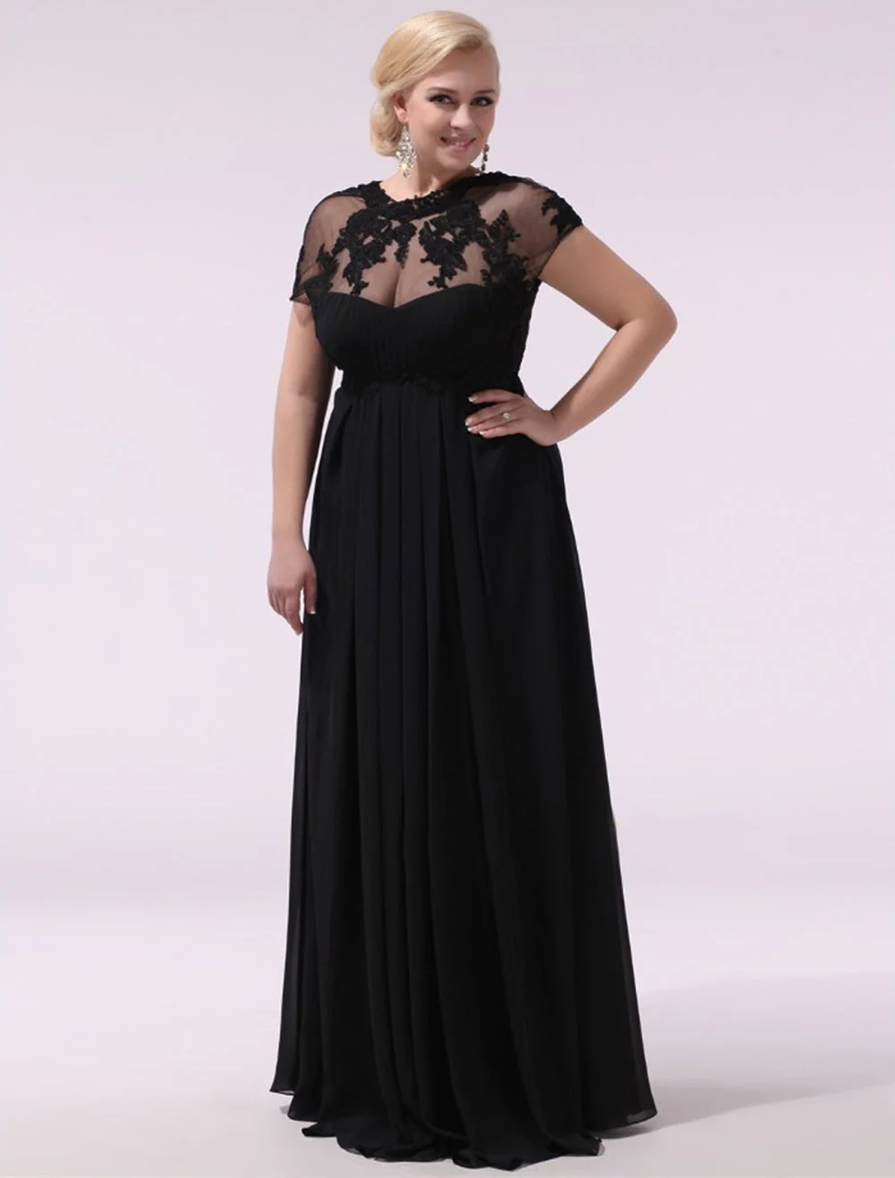 Gorgeous Black Evening Dresses Plus Size Evening Dress Chiffon Lace Applique Illusion Short Sleeves Floor Length Wedding Guest Dress - Image 5