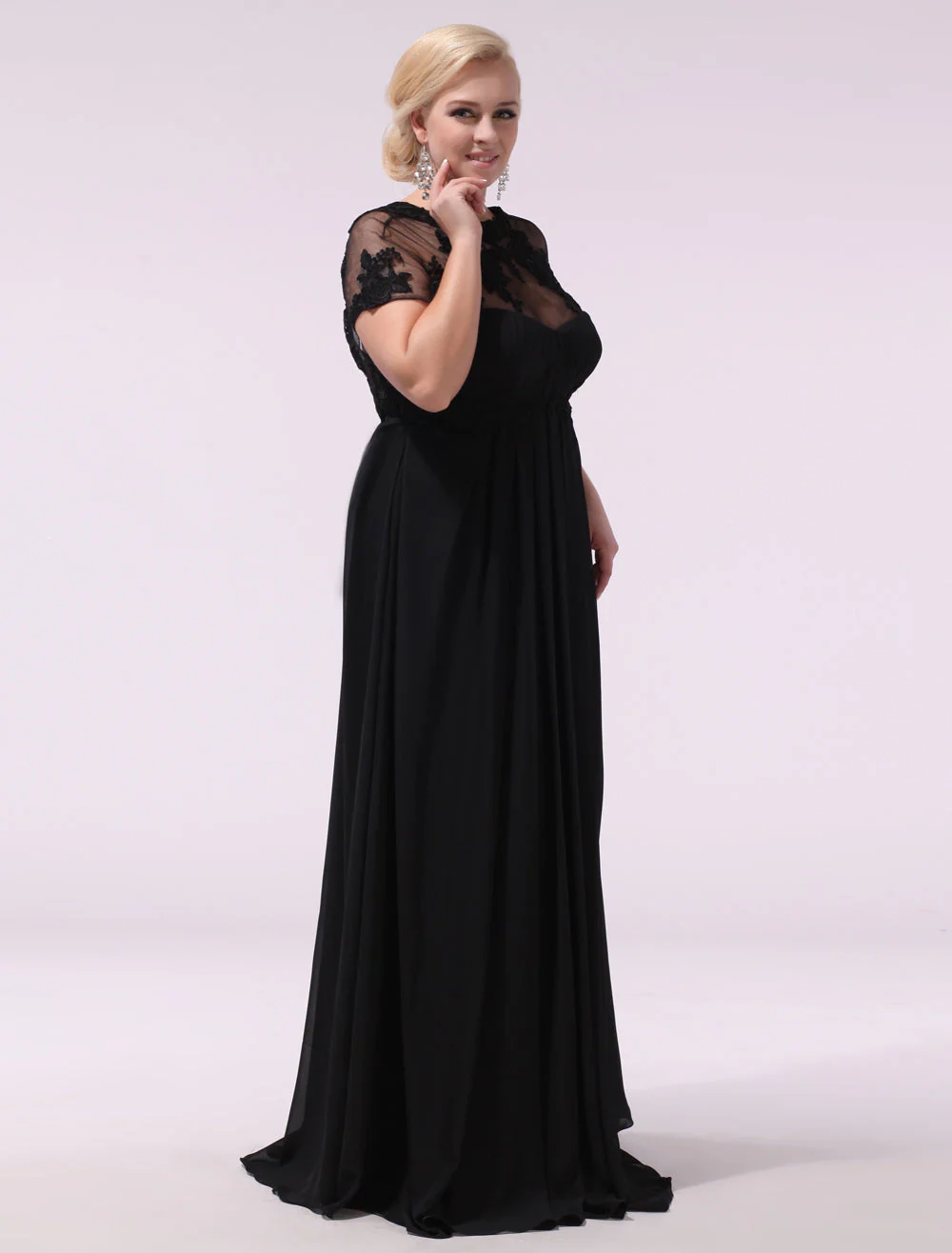 Gorgeous Black Evening Dresses Plus Size Evening Dress Chiffon Lace Applique Illusion Short Sleeves Floor Length Wedding Guest Dress - Image 6