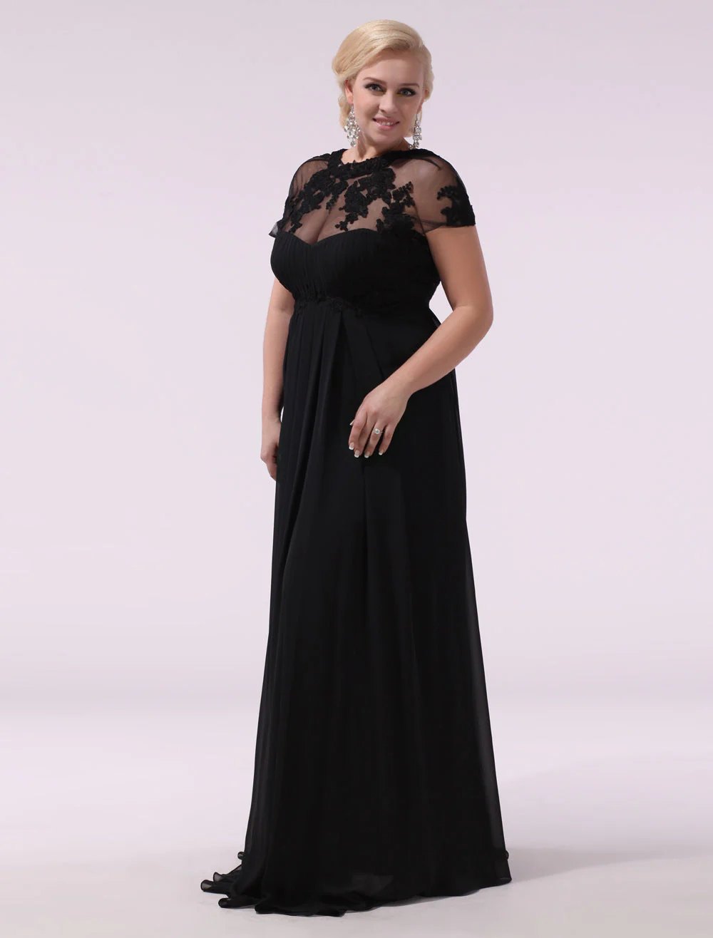 Gorgeous Black Evening Dresses Plus Size Evening Dress Chiffon Lace Applique Illusion Short Sleeves Floor Length Wedding Guest Dress - Image 7