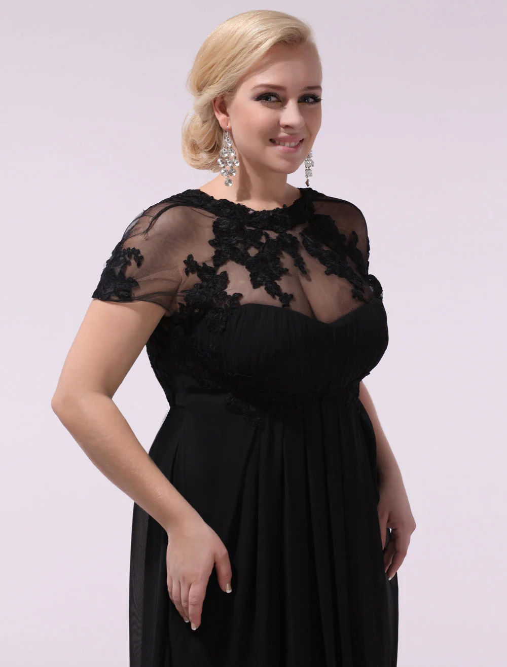 Gorgeous Black Evening Dresses Plus Size Evening Dress Chiffon Lace Applique Illusion Short Sleeves Floor Length Wedding Guest Dress - Image 9