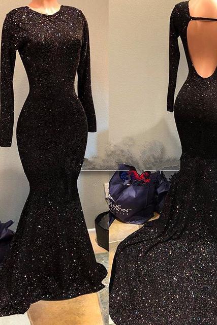Black Sequins Prom Party Gowns| Long Sleeves Evening Gowns On Sale - Image 2
