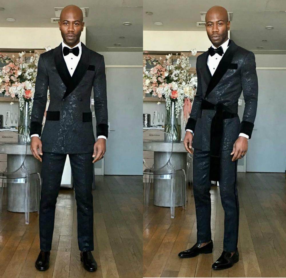 Black Shawl Lapel Double Breasted Slim Fit Wedding Groom Suits - Image 2