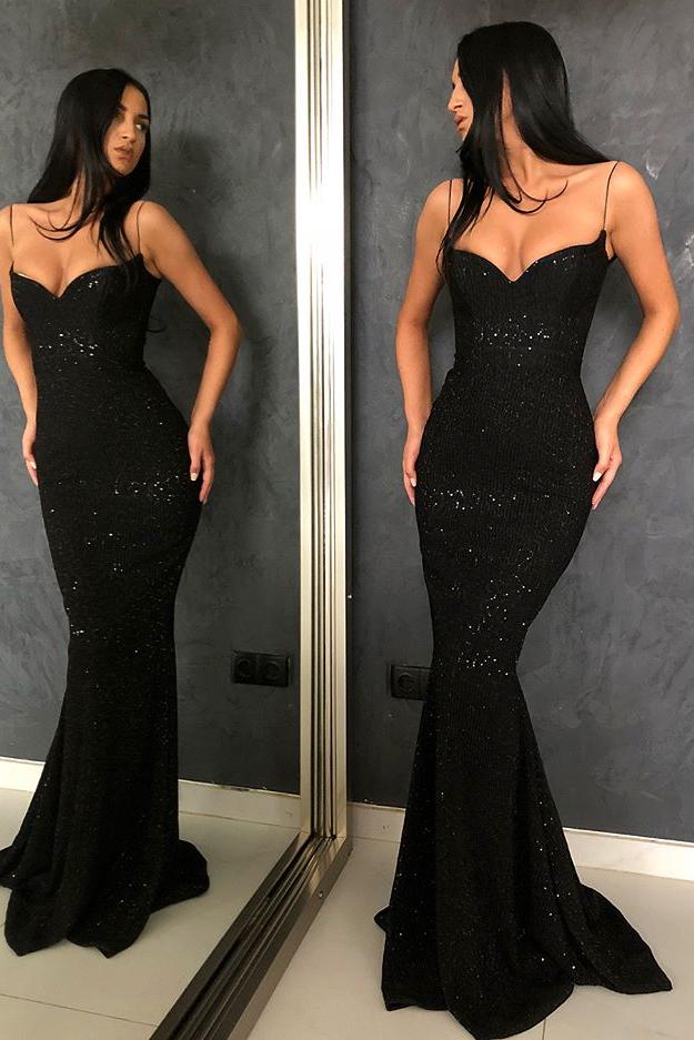 Black Sheath Spaghetti Straps Open Back Sequins Prom Dresses - Image 2