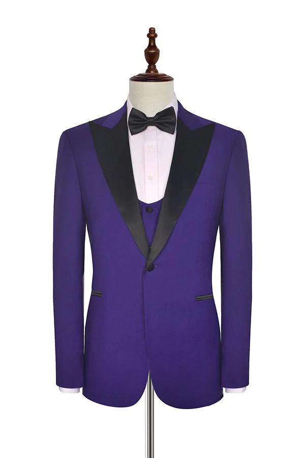 Black Silk Peak Lapel Three Piece Wedding Tuxedos Mens Suits with Vest for Prom - Image 3