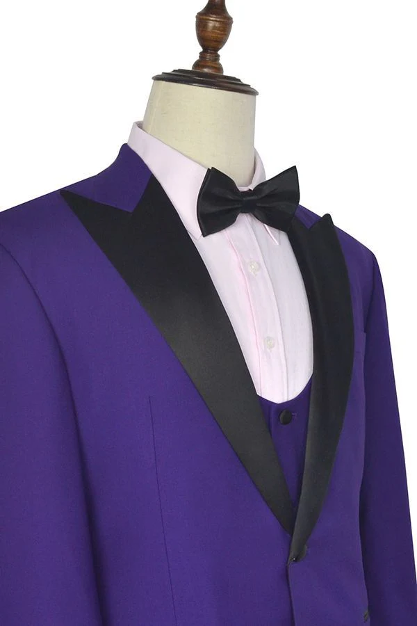 Black Silk Peak Lapel Three Piece Wedding Tuxedos Mens Suits with Vest for Prom - Image 4