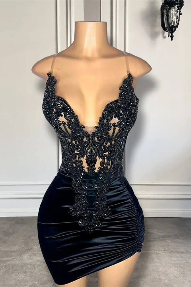 Black Sleeveless Short Prom Dresses with Spaghetti Straps and Beadings - Image 2