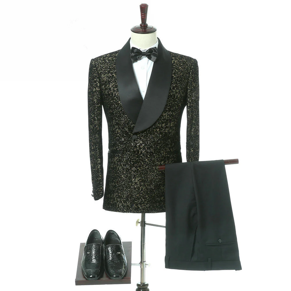 Black Slim Fit Shawl Lapel Double Breasted Wedding Groom Suits - Image 3