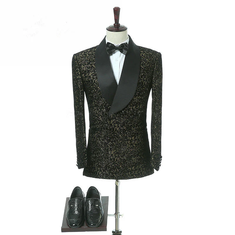 Black Slim Fit Shawl Lapel Double Breasted Wedding Groom Suits - Image 4