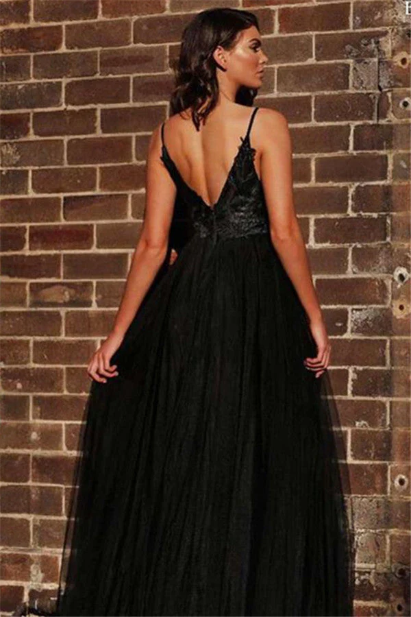 Black Spaghetti Straps Open Back Evening Gowns Chic Sleeveless Backless V-neck Formal Dresses With Slit - Image 2