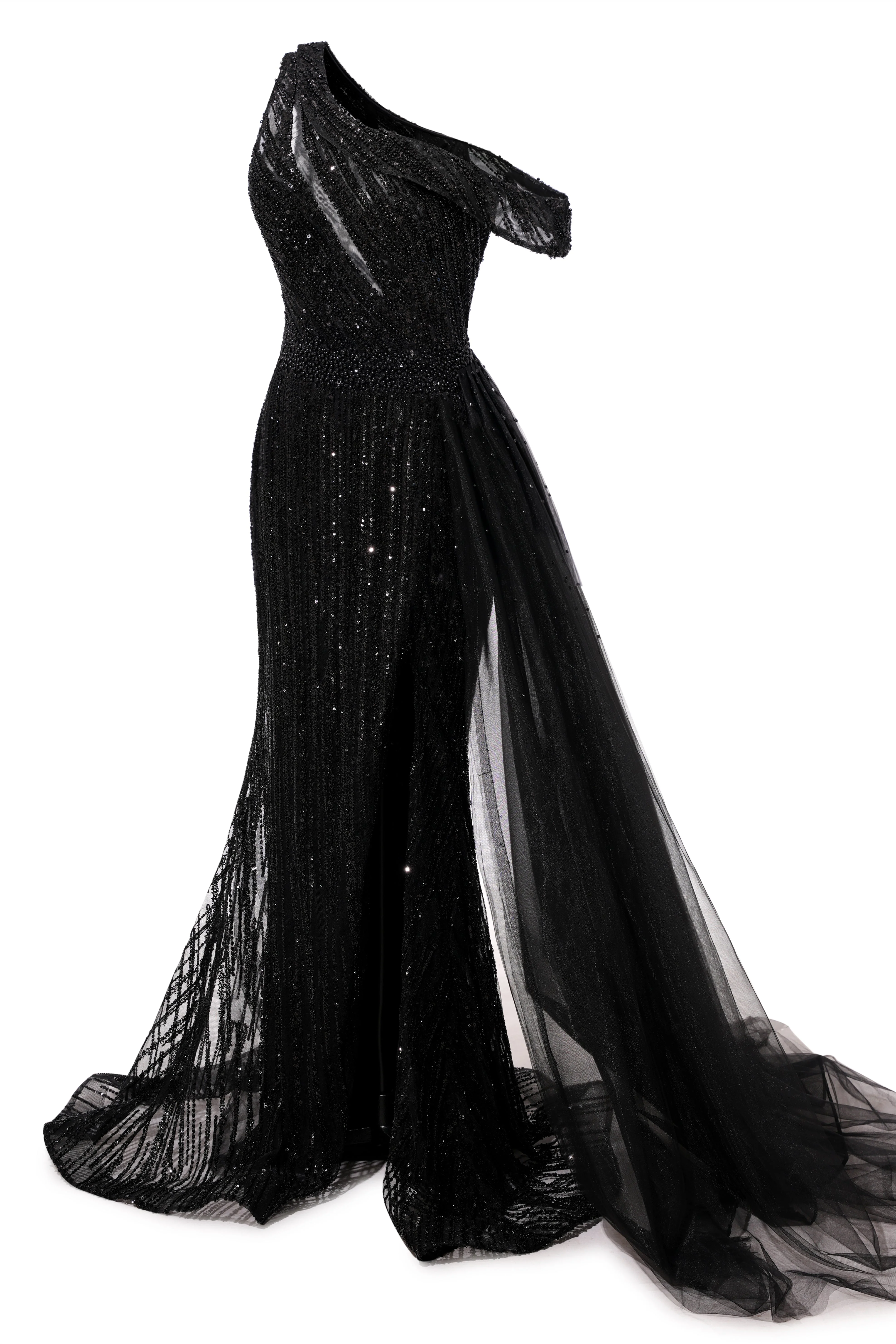Black Sparkle One shoulder Court Train Evening Dresses - Image 2