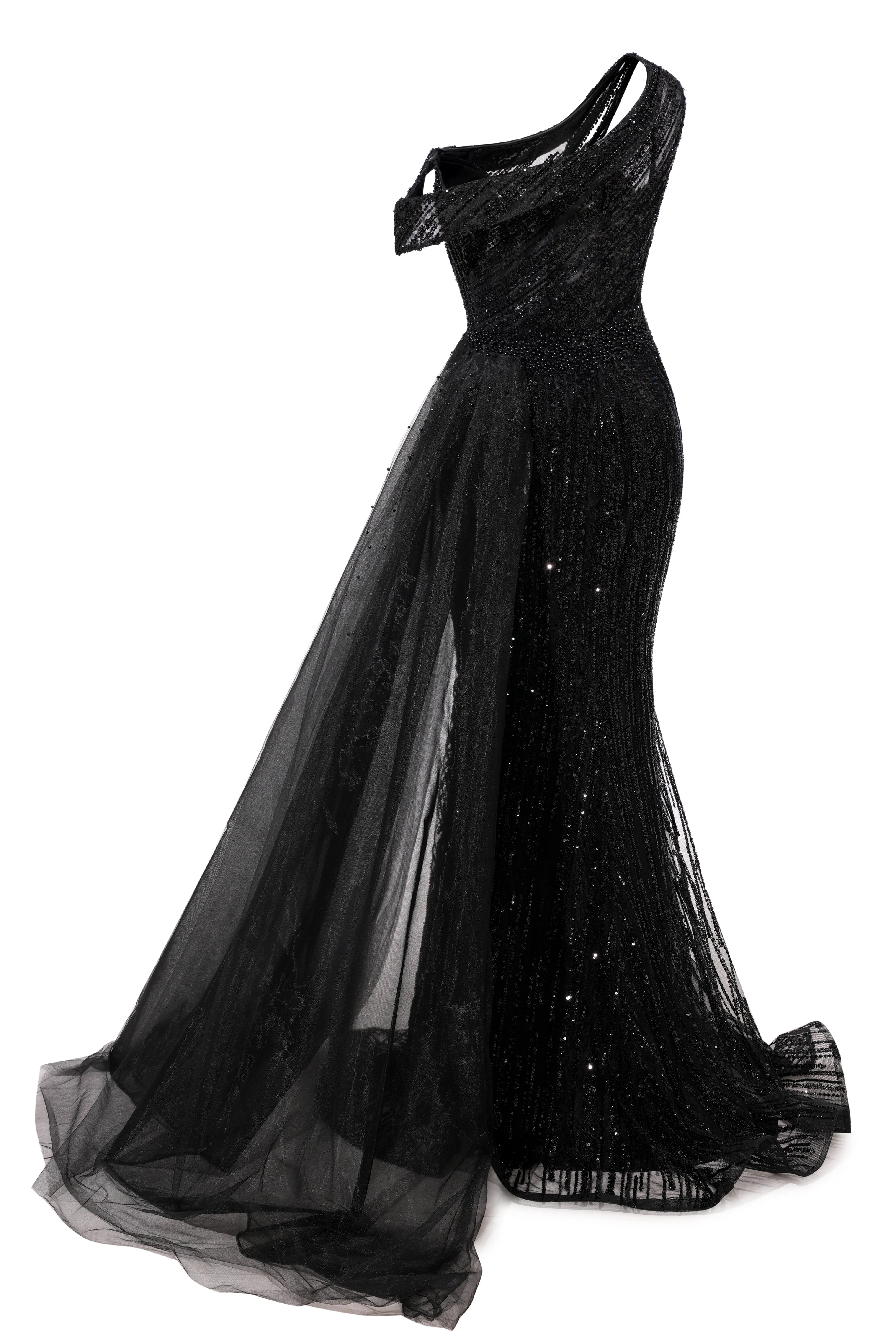 Black Sparkle One shoulder Court Train Evening Dresses - Image 3