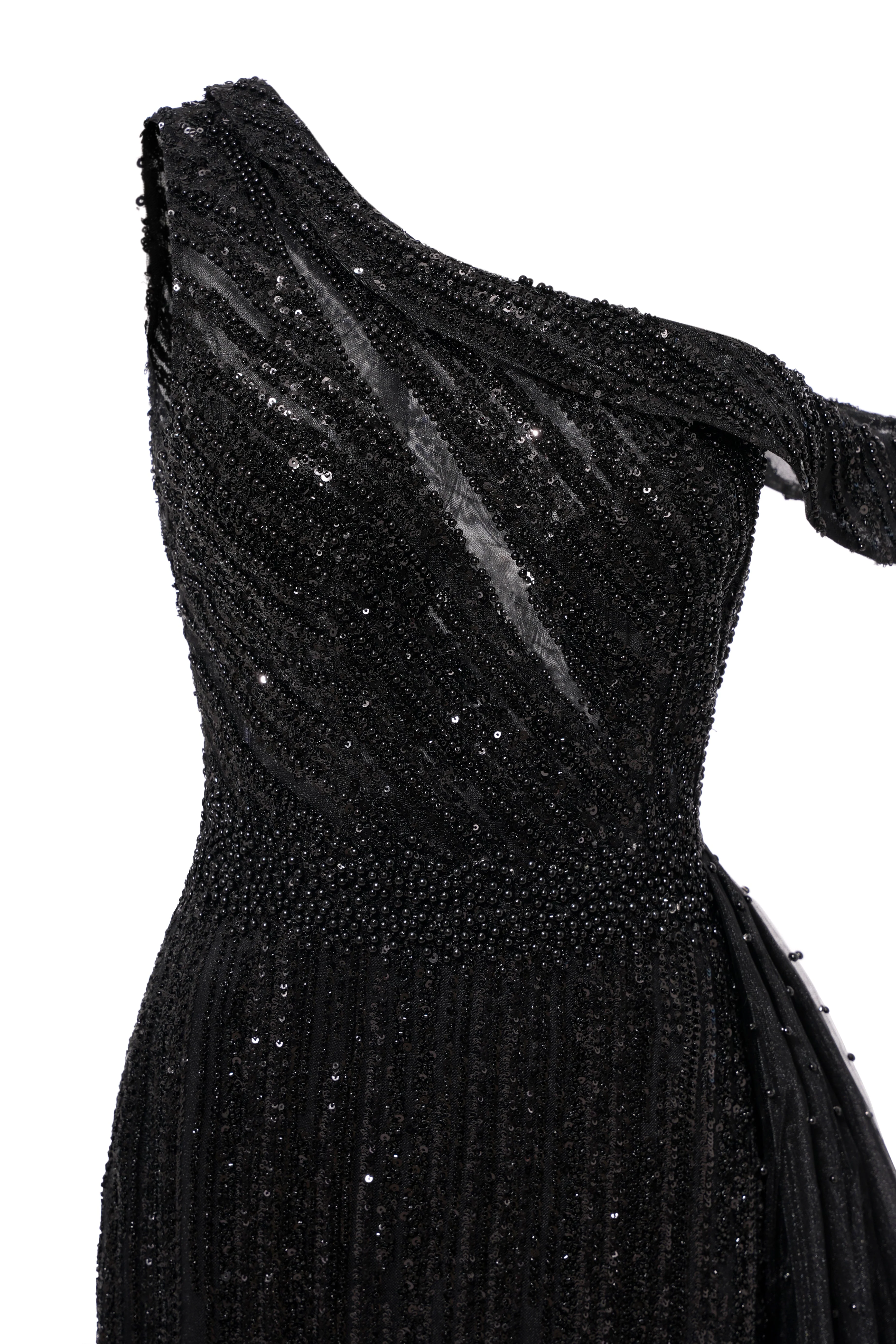 Black Sparkle One shoulder Court Train Evening Dresses - Image 5