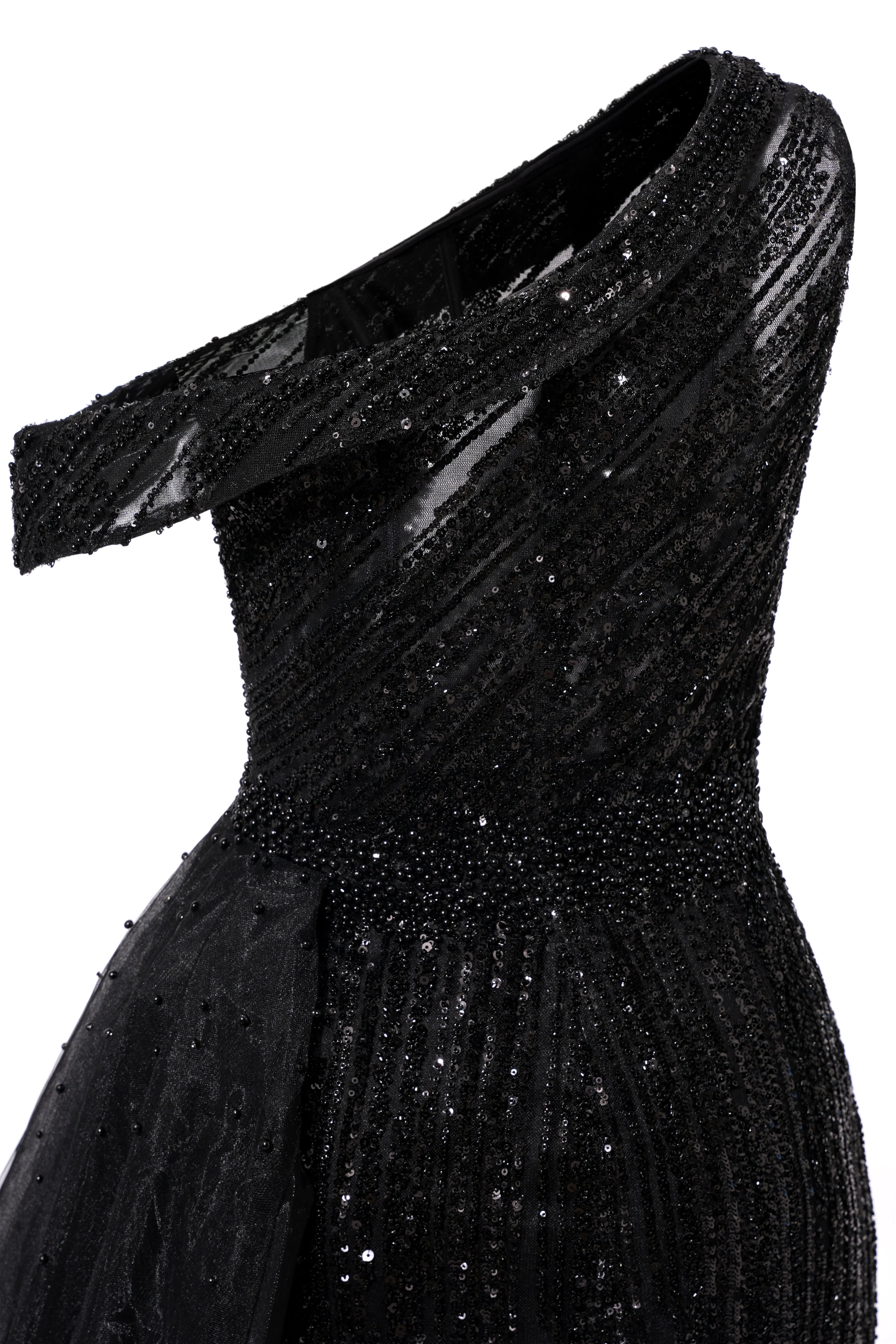 Black Sparkle One shoulder Court Train Evening Dresses - Image 6