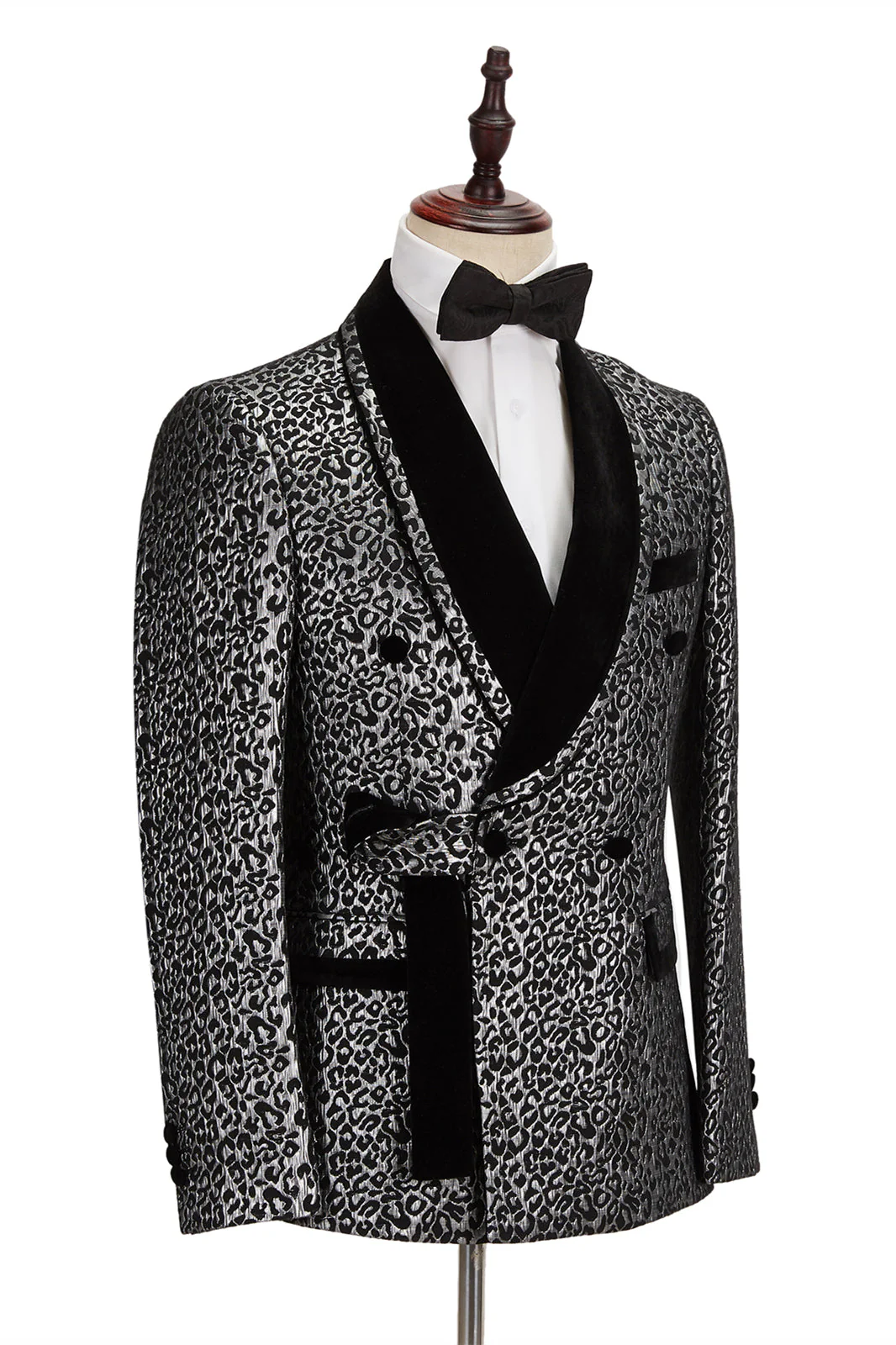Black Classy Silver Leopard Jacquard Men's Suit Shawl Lapel Double Breasted Wedding Suit for Formal - Image 3
