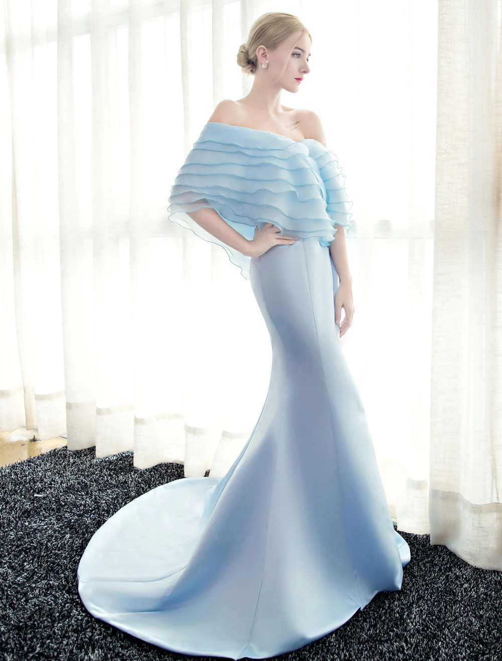 Glamorous Blue Evening Dresses Off Shoulder Mermaid Evening Gown Pleated Satin Formal Dress With Train wedding guest dress - Image 14