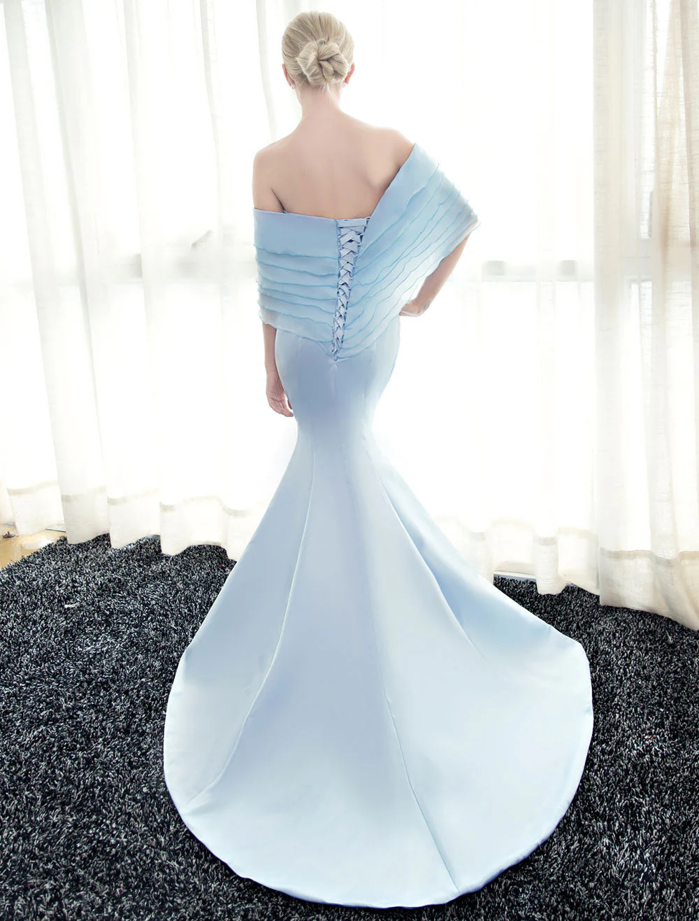 Glamorous Blue Evening Dresses Off Shoulder Mermaid Evening Gown Pleated Satin Formal Dress With Train wedding guest dress - Image 15