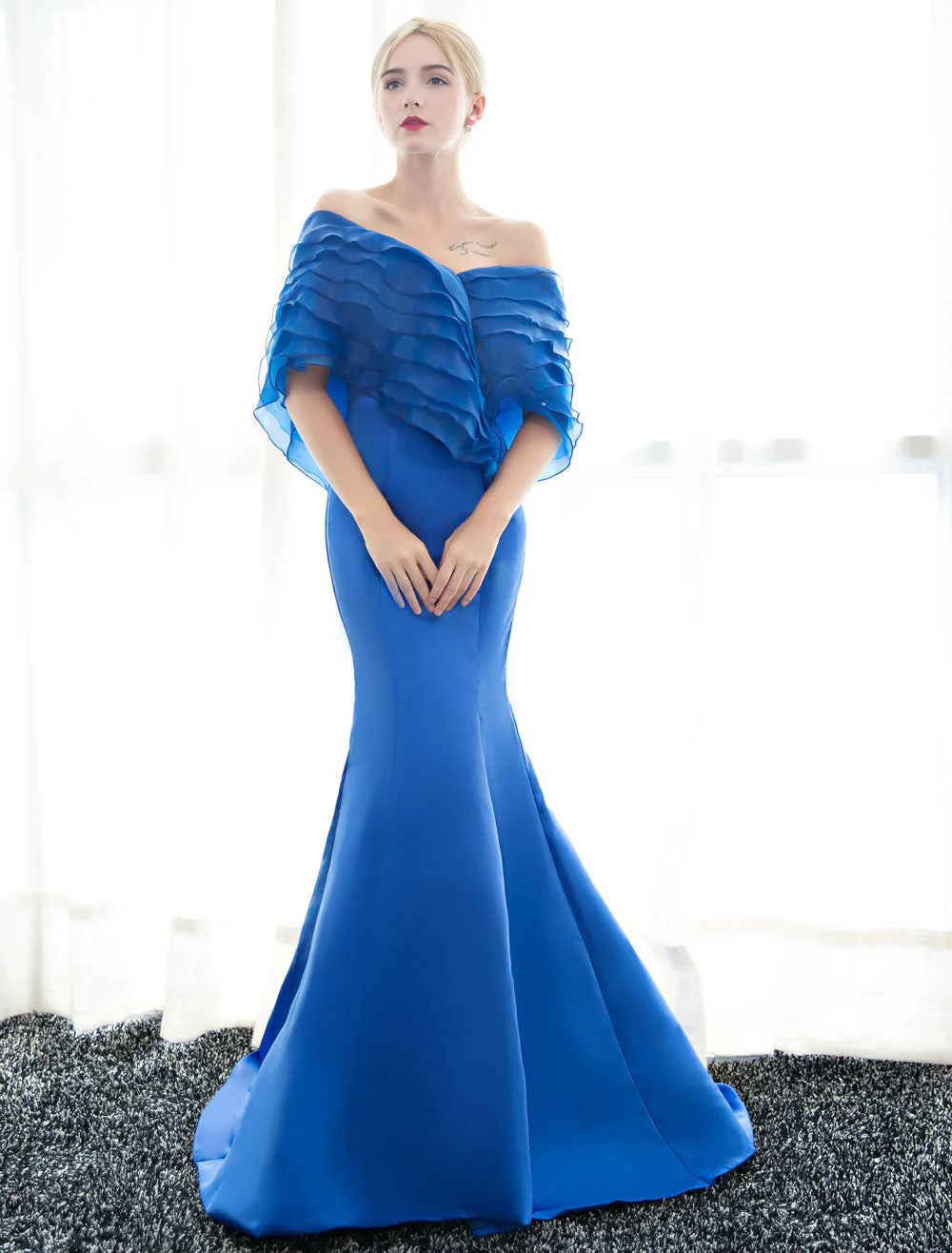 Glamorous Blue Evening Dresses Off Shoulder Mermaid Evening Gown Pleated Satin Formal Dress With Train wedding guest dress - Image 2