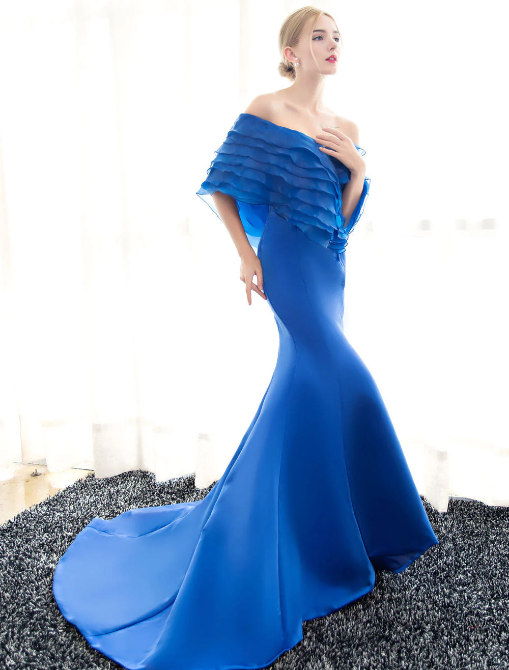 Glamorous Blue Evening Dresses Off Shoulder Mermaid Evening Gown Pleated Satin Formal Dress With Train wedding guest dress - Image 3