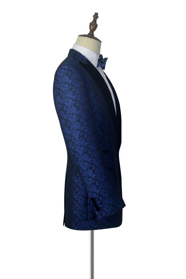 Blue Floral Patter Tuxedos for Marriage Black Velvet Peak Collar Marriage Suits - Image 4