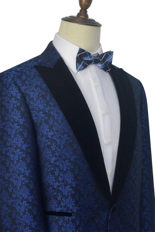Blue Floral Patter Tuxedos for Marriage Black Velvet Peak Collar Marriage Suits - Image 5