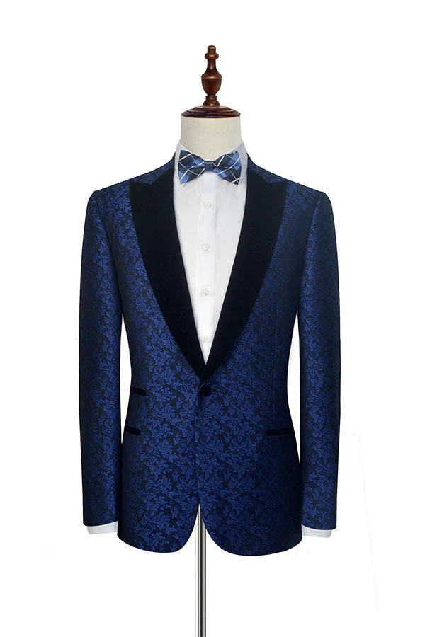 Blue Floral Patter Tuxedos for Wedding Black Velvet Peak Collar Prom Suits - Image 3
