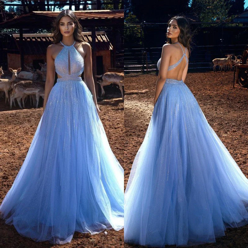 Blue Halter Beadings Long Prom Dress Tulle Evening Party Gowns - Image 2