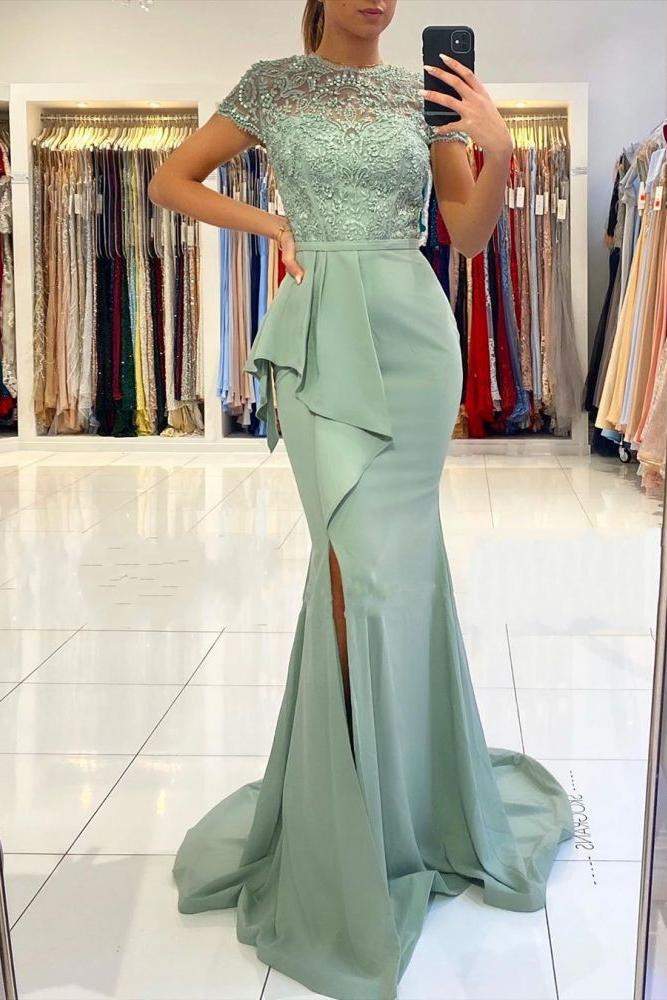 Dusty Sage High neck Lace column Long Buttons Split Short sleeves Evening Dress - Image 2