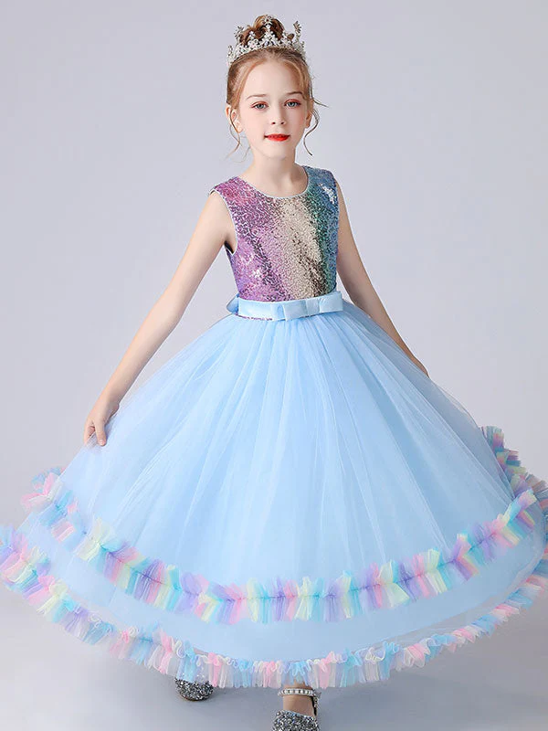 Blue Jewel Neck Tulle Sleeveless Ankle-Length Bows Kids Social Party Dresses Princess Dress - Image 2