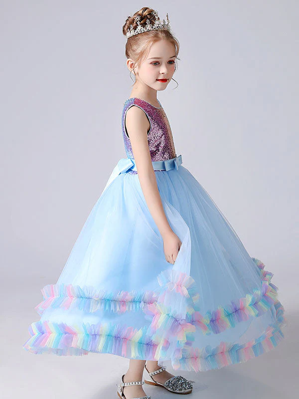Blue Jewel Neck Tulle Sleeveless Ankle-Length Bows Kids Social Party Dresses Princess Dress - Image 3