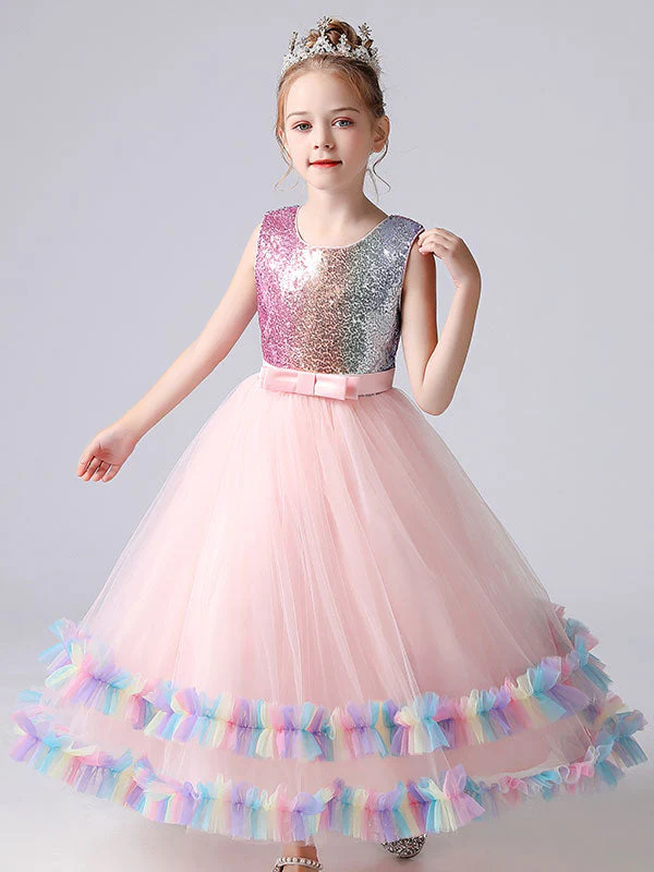 Blue Jewel Neck Tulle Sleeveless Ankle-Length Bows Kids Social Party Dresses Princess Dress - Image 4