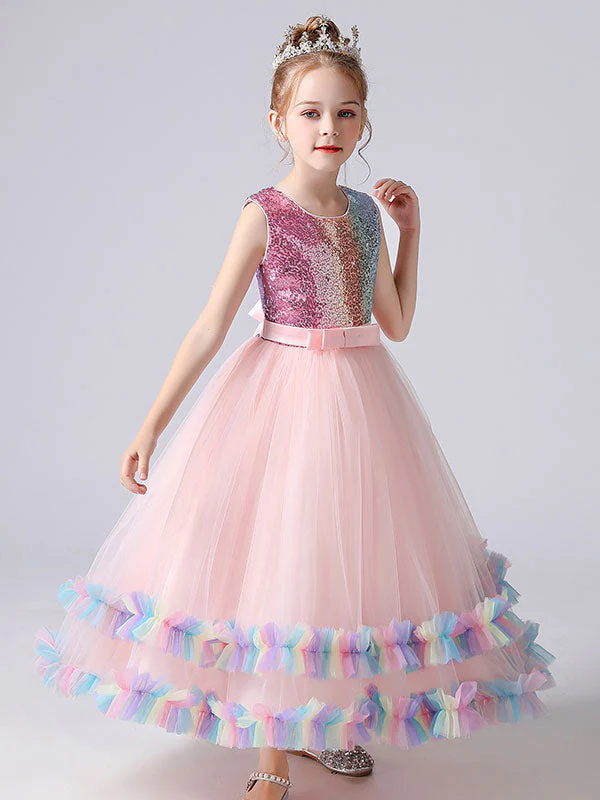 Blue Jewel Neck Tulle Sleeveless Ankle-Length Bows Kids Social Party Dresses Princess Dress - Image 5