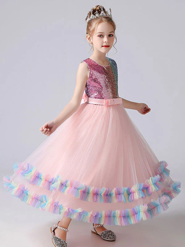 Blue Jewel Neck Tulle Sleeveless Ankle-Length Bows Kids Social Party Dresses Princess Dress - Image 6