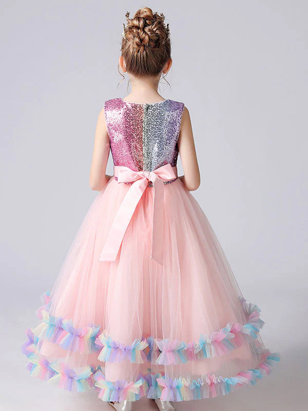 Blue Jewel Neck Tulle Sleeveless Ankle-Length Bows Kids Social Party Dresses Princess Dress - Image 7
