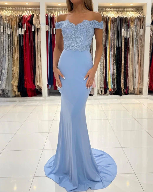 Gorgeous Blue Off-the-shoulder Mermaid Prom Dresses With Lace - Image 2
