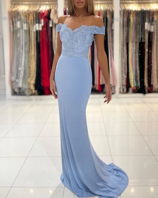 Gorgeous Blue Off-the-shoulder Mermaid Prom Dresses With Lace - Image 3