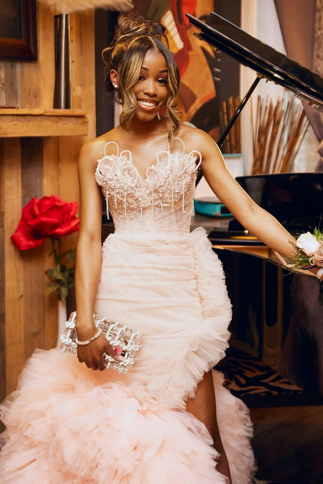 Blushing Pink Tulle Pearls Sweetheart Side Slit Ruffles Prom Dress - Image 2