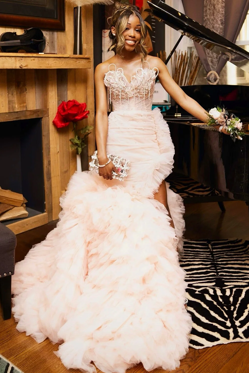 Blushing Pink Tulle Pearls Sweetheart Side Slit Ruffles Prom Dress - Image 4