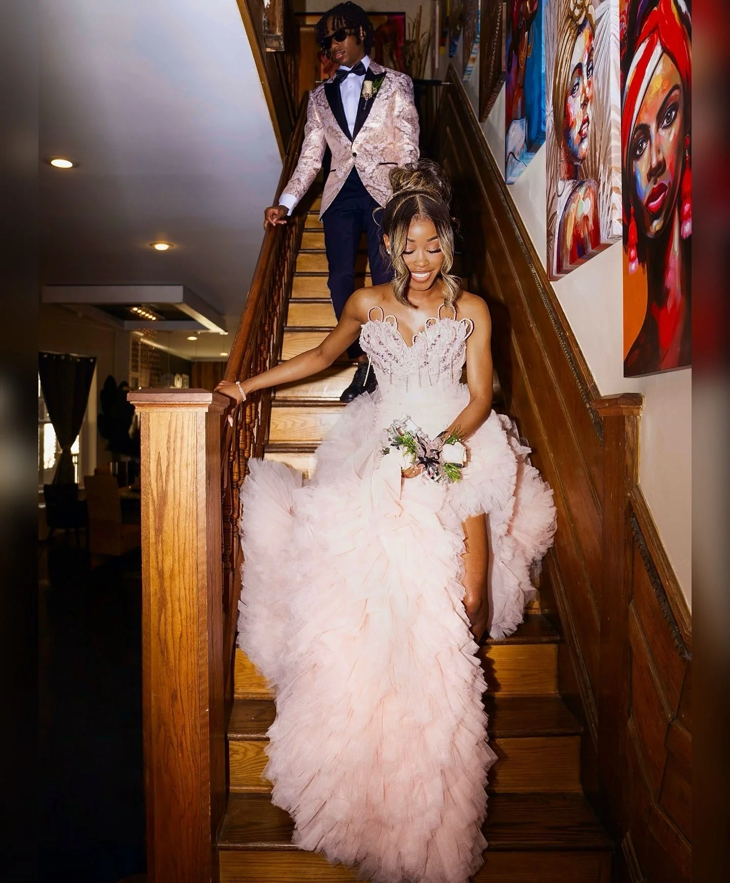 Blushing Pink Tulle Pearls Sweetheart Side Slit Ruffles Prom Dress - Image 6
