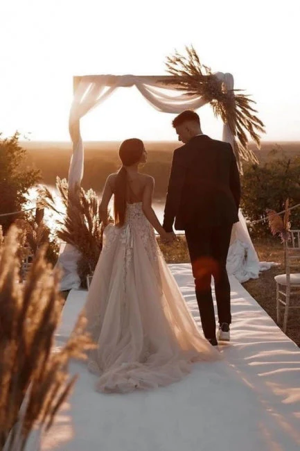 Ballbella Fabulous Champagne Tulle Wedding Gowns With Slit Lace Sleeveless - Image 2