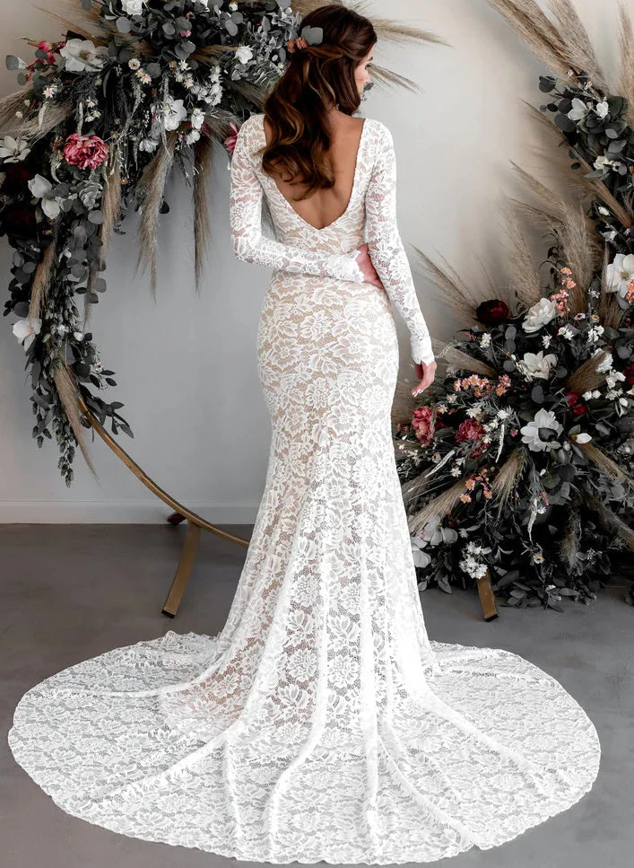 Boho Garden Lace Trumpet Mermaid Fitted Long Sleeves Wedding Dresses Court Train - Image 2