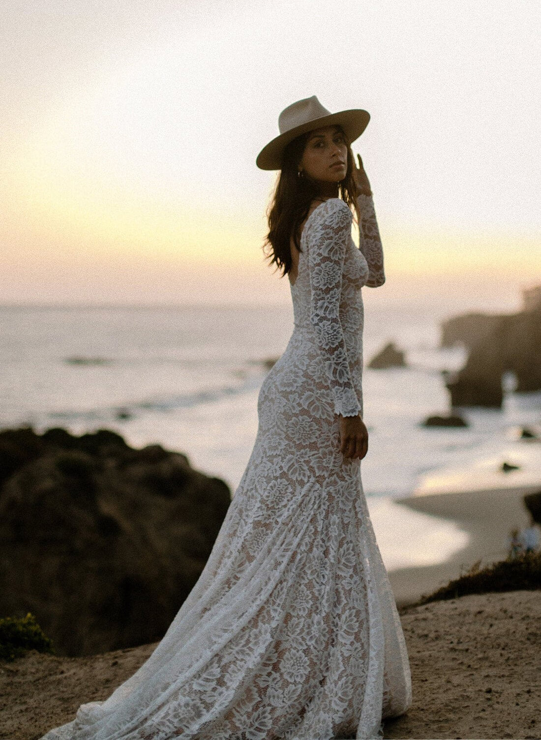 Boho Garden Lace Trumpet Mermaid Fitted Long Sleeves Wedding Dresses Court Train - Image 6