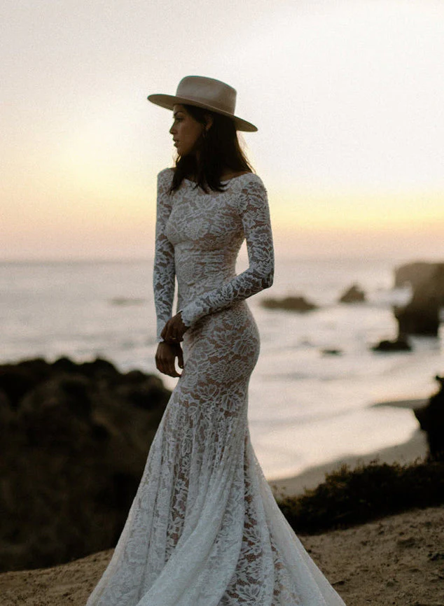 Boho Garden Lace Trumpet Mermaid Fitted Long Sleeves Wedding Dresses Court Train - Image 7