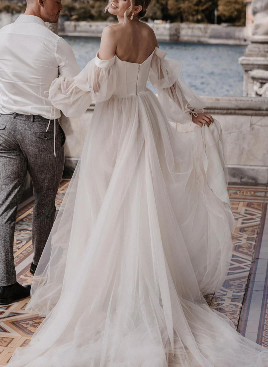 Boho Garden Tulle Off The Shoulder Long Sleeves A Line Wedding Dresses - Image 3
