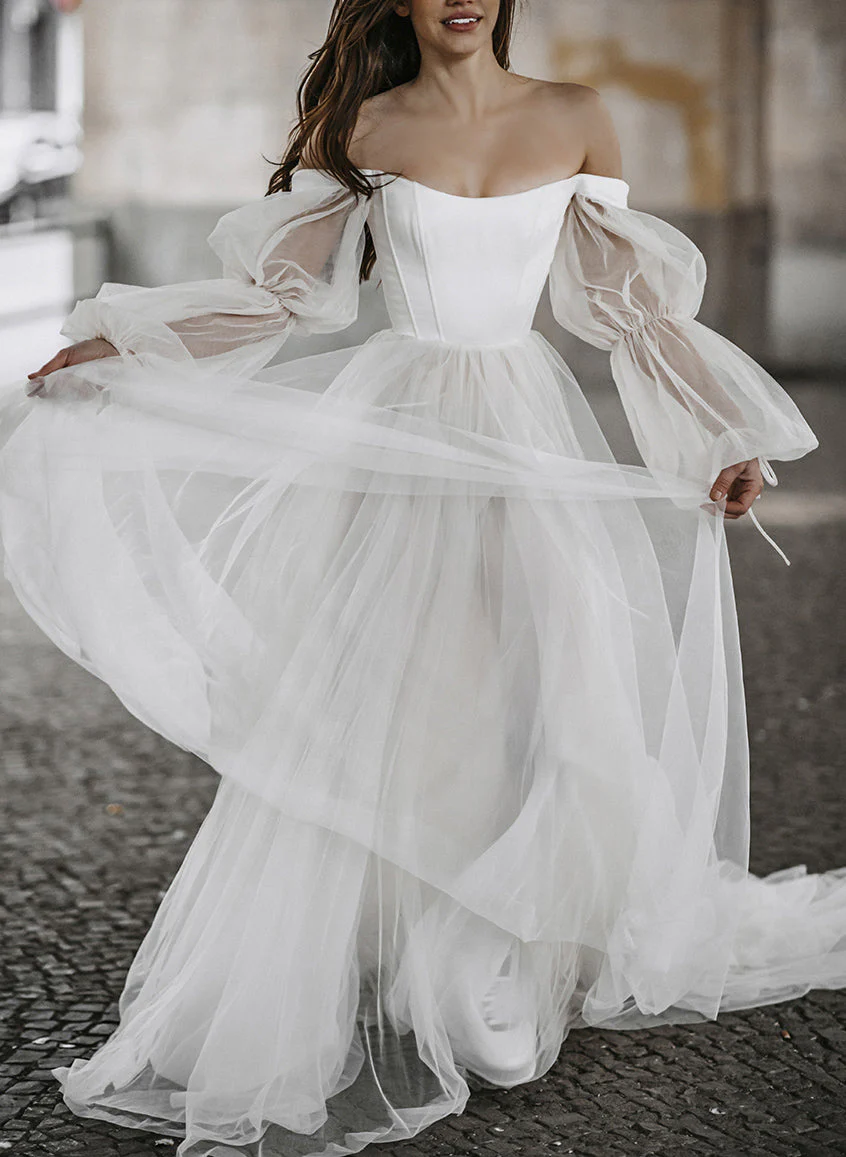 Boho Garden Tulle Off The Shoulder Long Sleeves A Line Wedding Dresses - Image 4