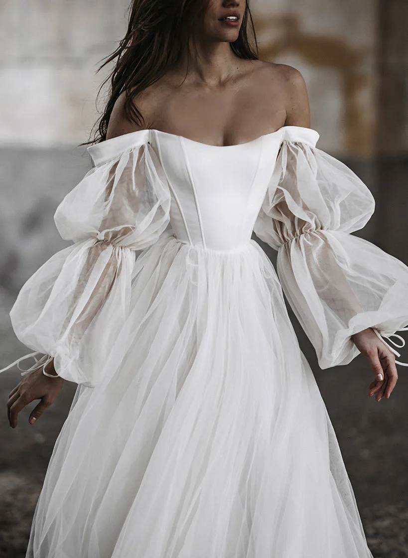 Boho Garden Tulle Off The Shoulder Long Sleeves A Line Wedding Dresses - Image 5