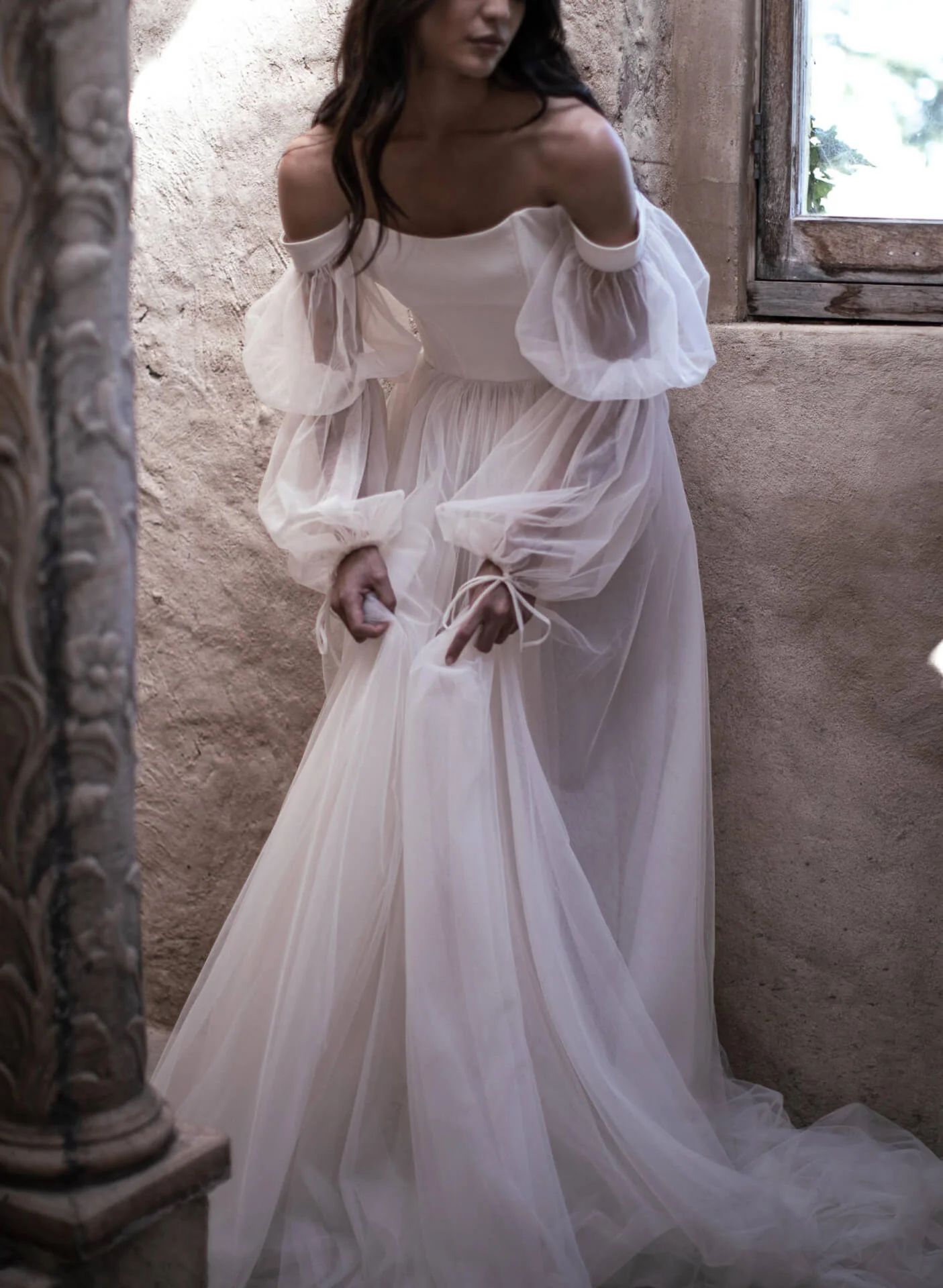 Boho Garden Tulle Off The Shoulder Long Sleeves A Line Wedding Dresses - Image 6